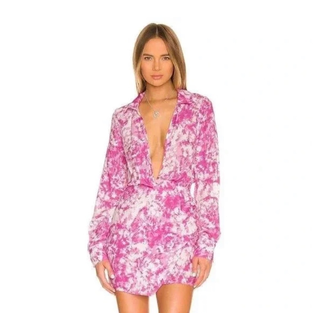 For Love & Lemons Devon‎ Shirt Mini Dress Pink and White Size L NWT